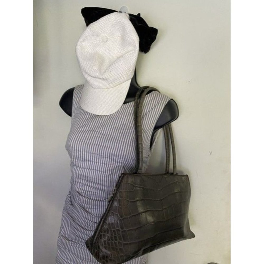 Furla Croco Embossed Bowler Green Leather Shoulder Bag - Picture 7 of 8